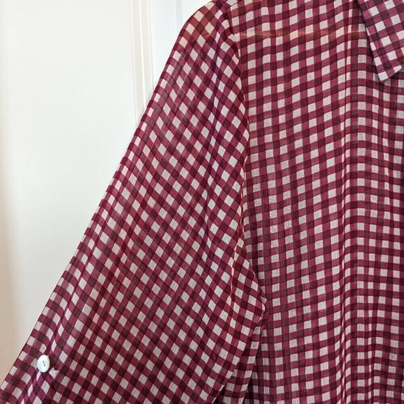 American Rag Cie Button-up Blouse Sheer Top Womens XL Red White Gingham Roll-Tab - Picture 11 of 15
